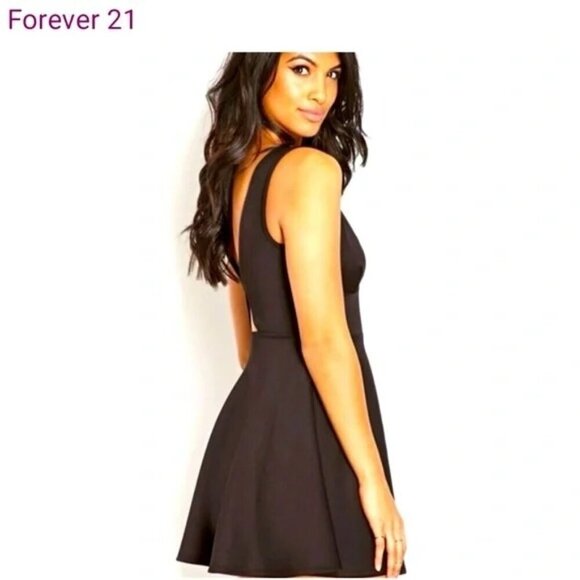 Forever 21 Black Sleeveless Ribbed Textured V-Neck Fit & Flare Dress-L - Picture 1 of 8
